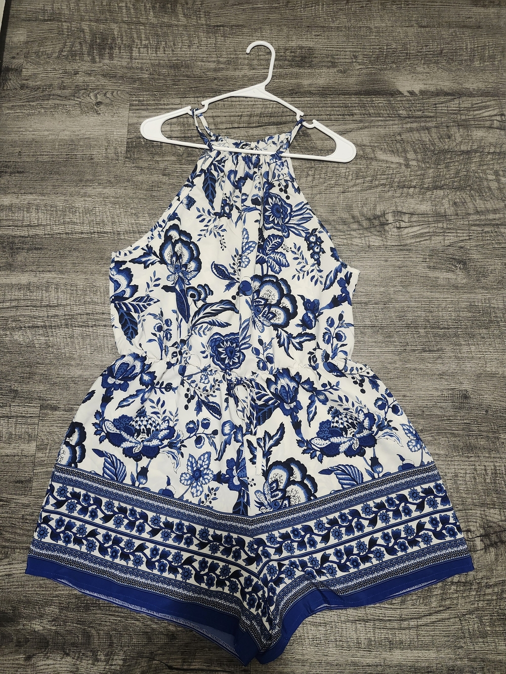 SHEIN White & Blue Floral Halter Romper